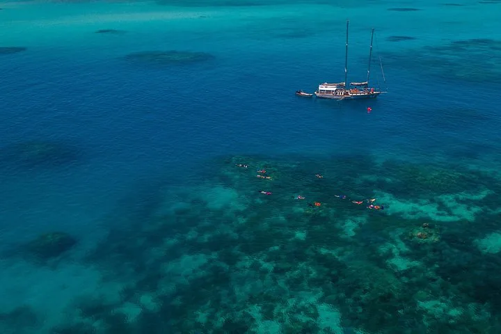 Aerial view of people snorkeling around a sailboat in clear blue water