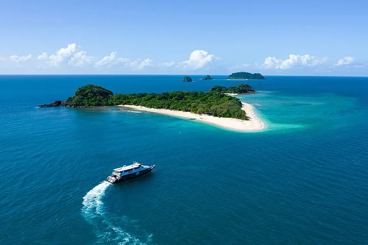 Aerial view of a boat approaching the lush Frankland Islands
