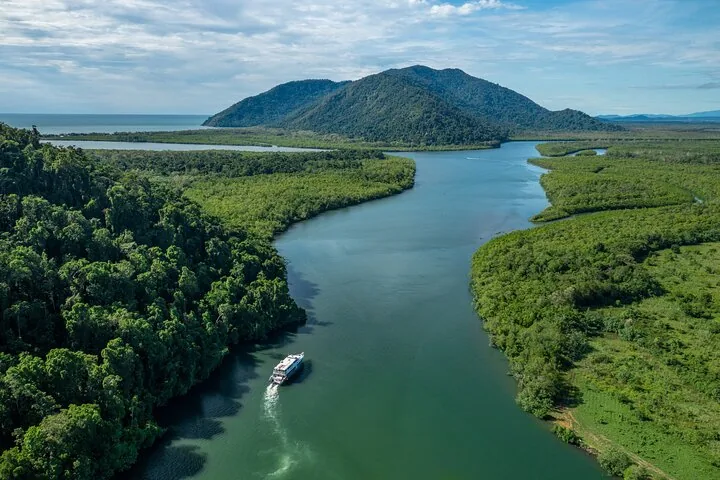 Aerial view of a boat navigating a river surrounded by tropical rainforest